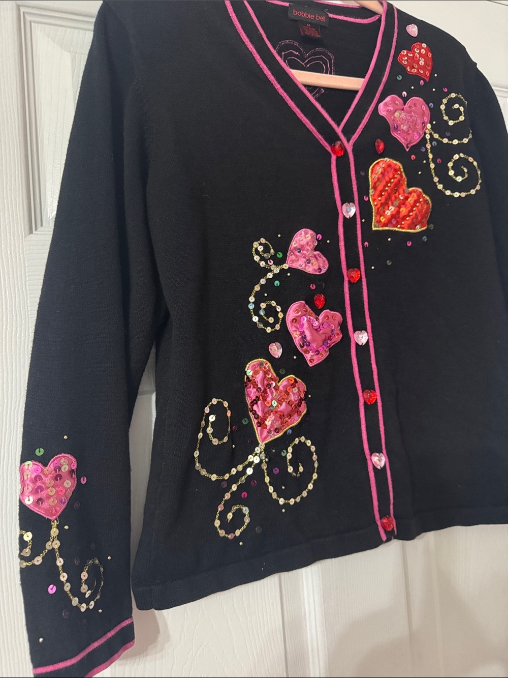Vintage Bobbie Bell Fun Novelty Embroidered Heart Pink & Black Cardigan Sweater